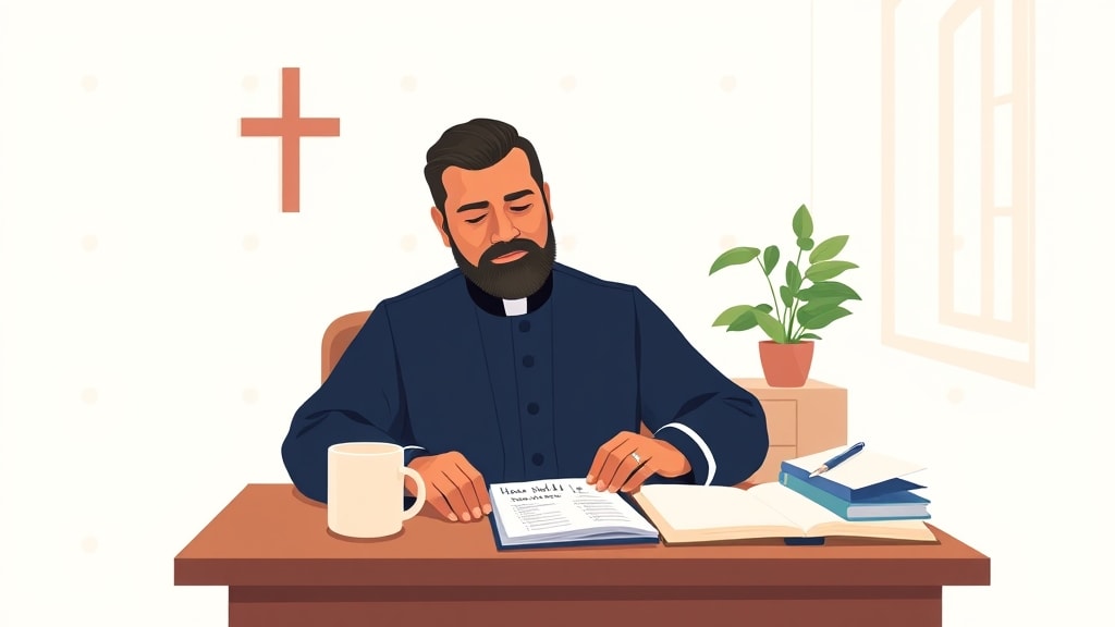 A middle-aged Hispanic deacon sitting at a simple wooden desk in a quiet church office, calmly reading a single printed page of household names