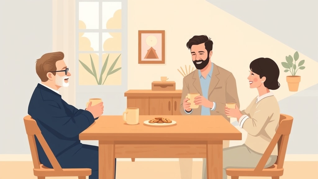 A friendly middle-aged white pastor sitting at a warm wooden kitchen table across from a younger Asian couple, all holding simple ceramic mugs in a cozy cream-walled home