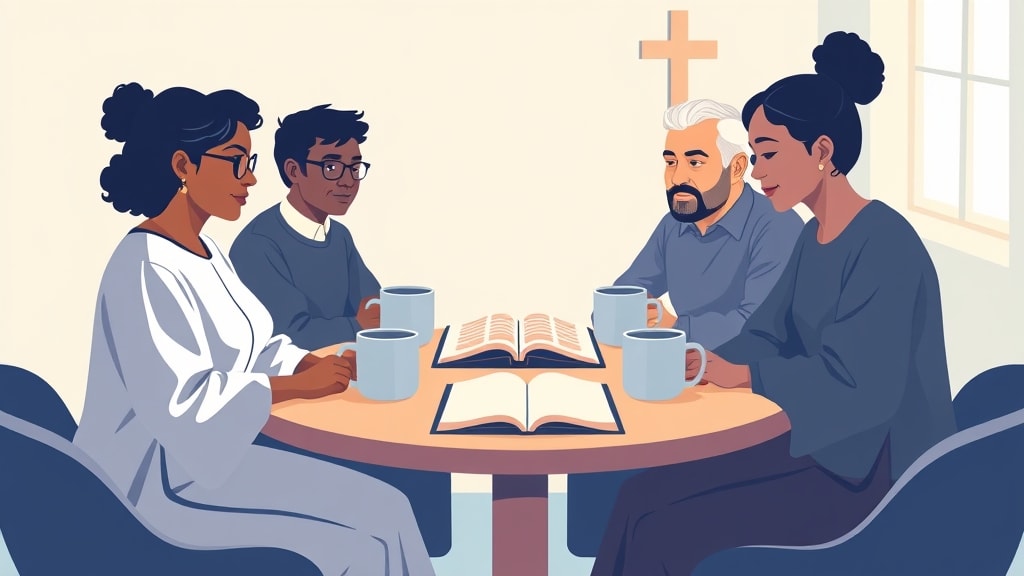 Four diverse deacons sitting calmly around a round wooden table in a bright church meeting room, looking together at a single printed page on the table with an open Bible on the corner