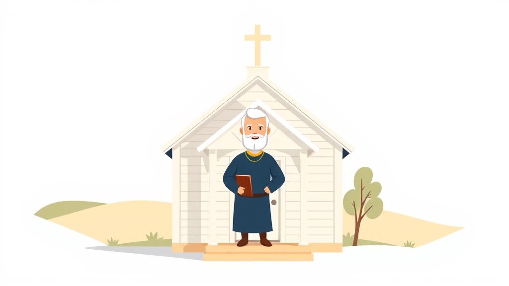 A friendly bearded pastor standing outside a small white church building holding a small notebook with a thoughtful expression
