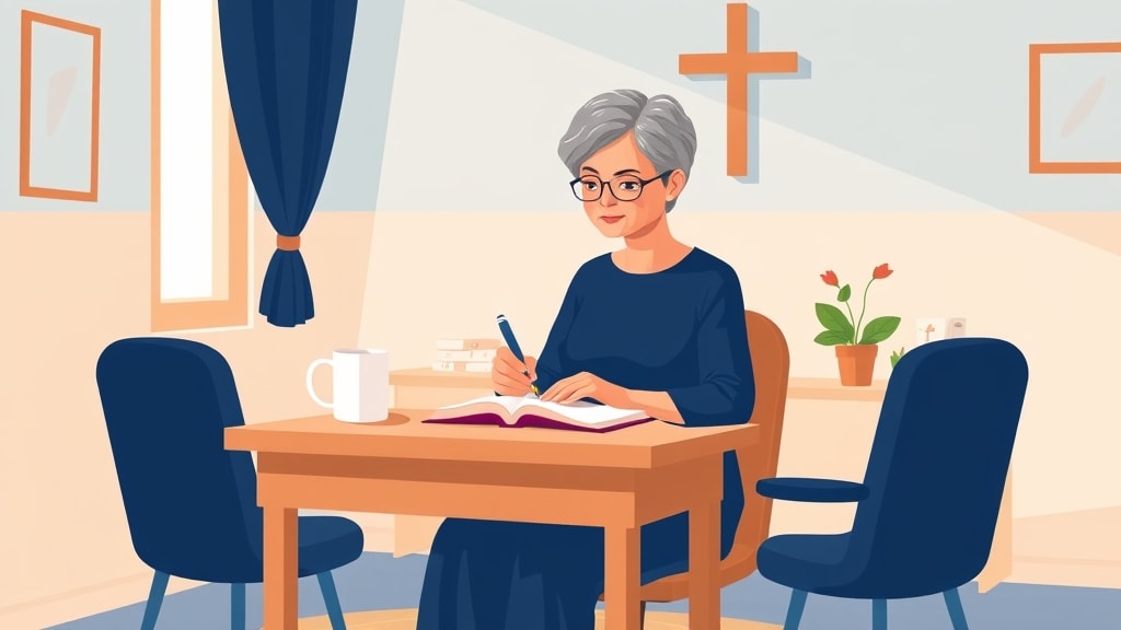 An older Asian woman pastor sitting at a small wooden desk writing in a simple notebook beside a single sheet of paper