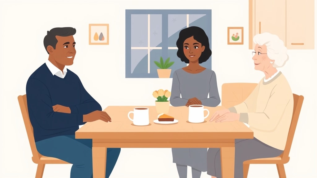 Two friendly deacons visiting an elderly woman at her kitchen table sharing coffee and a slice of pie