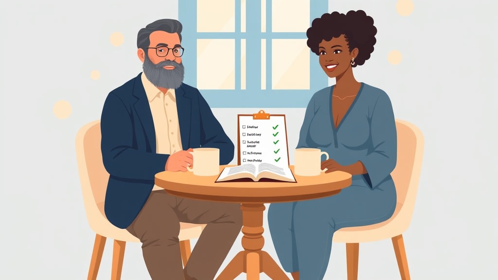 A pastor and a single deacon sitting side by side at a small church table looking together at a simple clipboard