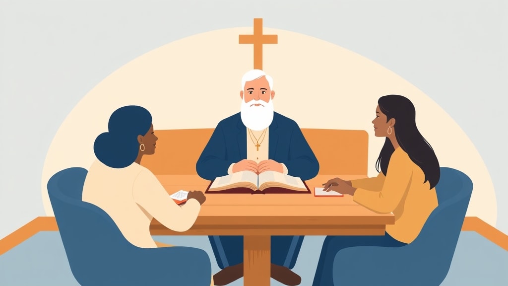 A pastor speaking with a small group of diverse deacons gathered around a wooden table with open Bibles and notebooks