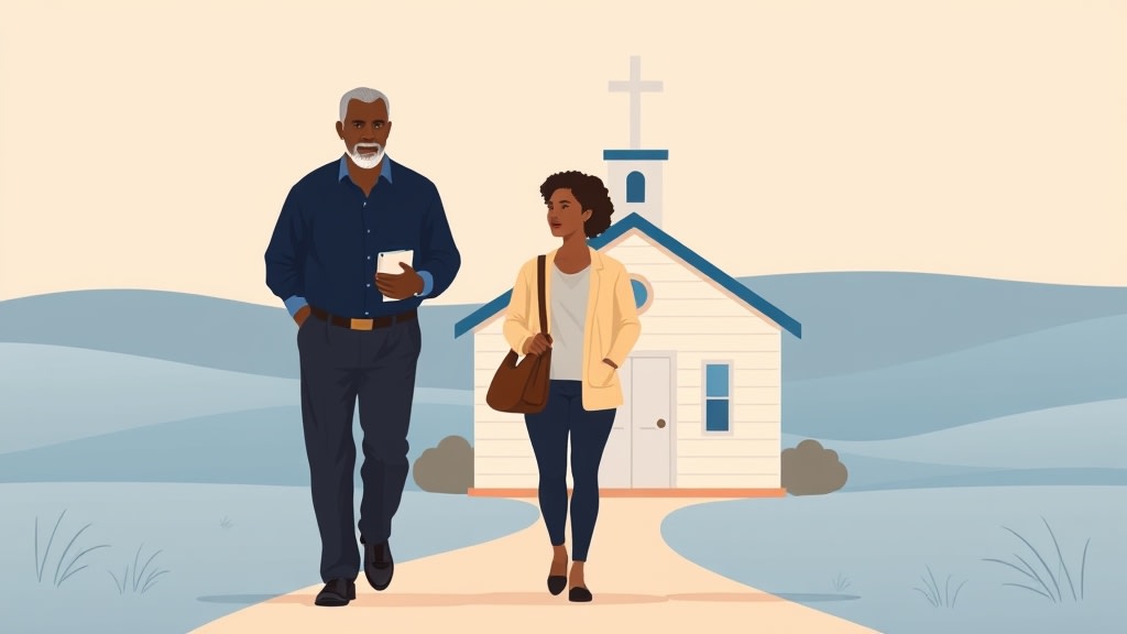 An experienced deacon and a newer deacon walking together in front of a small white church building, talking