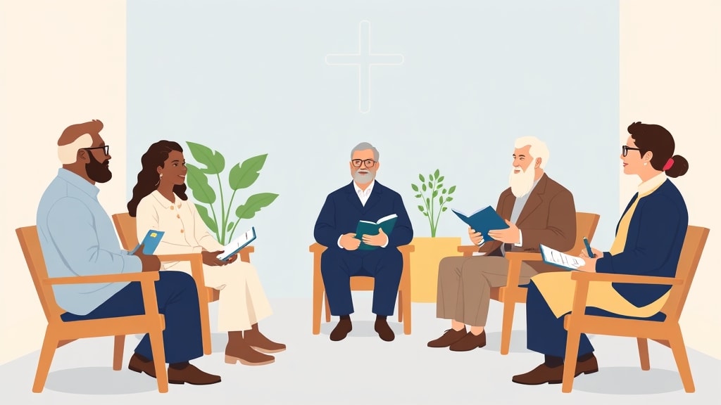 A small group of diverse deacons sitting in a circle of chairs with notebooks in a church meeting room