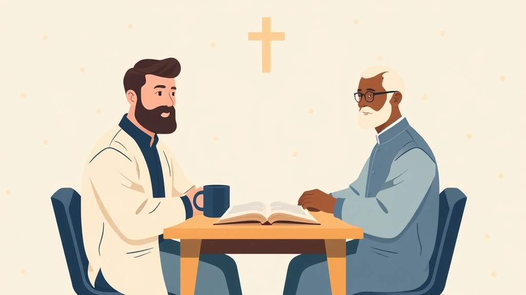 A pastor and one deacon sitting one-on-one at a small desk with an open Bible between them, having a focused conversation