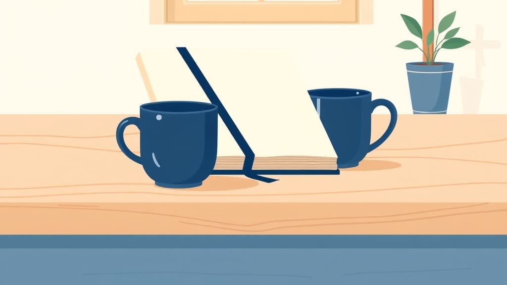 A single closed cream planner book resting on a plain wooden desk beside a small navy ceramic mug in warm afternoon window light with a small wooden cross on the cream wall in the background, no people