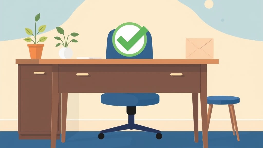 A single green checkmark badge resting on a plain wooden church office desk in soft warm morning light with a small wooden cross on the cream wall in the background, no people