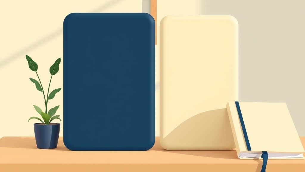 Two simple solid colored building block shapes, one navy and one cream, standing side by side on a plain wooden church office desk with a small wooden cross on the cream wall in soft afternoon light, no people