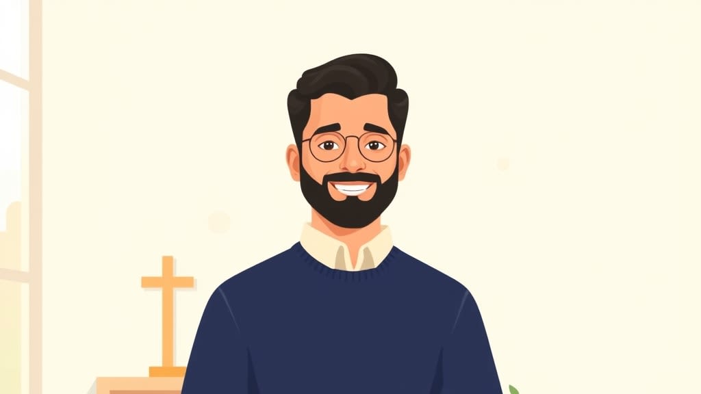 A friendly bearded middle aged Latino pastor with short dark hair standing warmly beside a plain wooden church office desk in a cream walled room with a small wooden cross on the wall, both hands resting gently at his sides