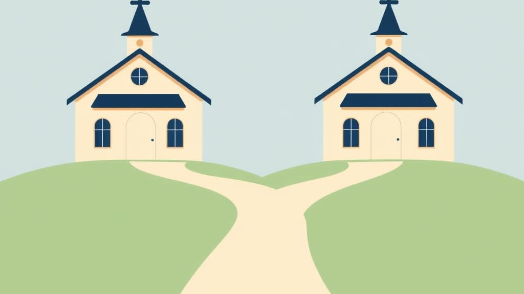 Two small cream and navy church buildings with crosses on their roofs sitting on gentle green hills, connected by a soft winding path between them under a warm light blue sky, no people