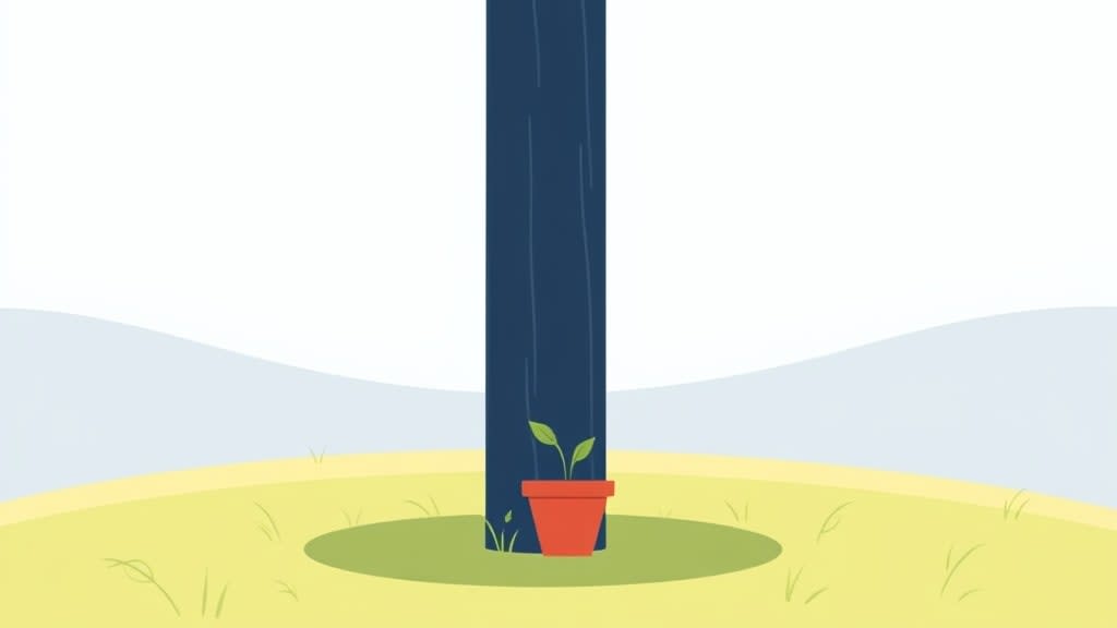 A single navy wooden signpost with two blank cream direction arrows pointing opposite ways, standing in a soft green grassy field under a light blue sky, no people