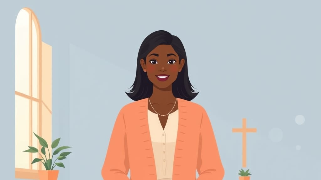 A friendly diverse female church care coordinator with warm brown skin and shoulder length dark hair standing warmly beside a plain wooden desk in a cream walled church office, a small wooden cross on the wall behind her, both hands resting gently at her sides