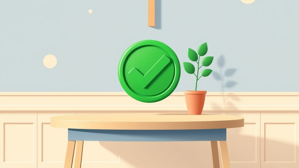 A single green checkmark badge resting on a plain wooden table in soft warm lighting, a small potted plant beside it and a small wooden cross on the cream wall in the background, simple and clean composition, no people