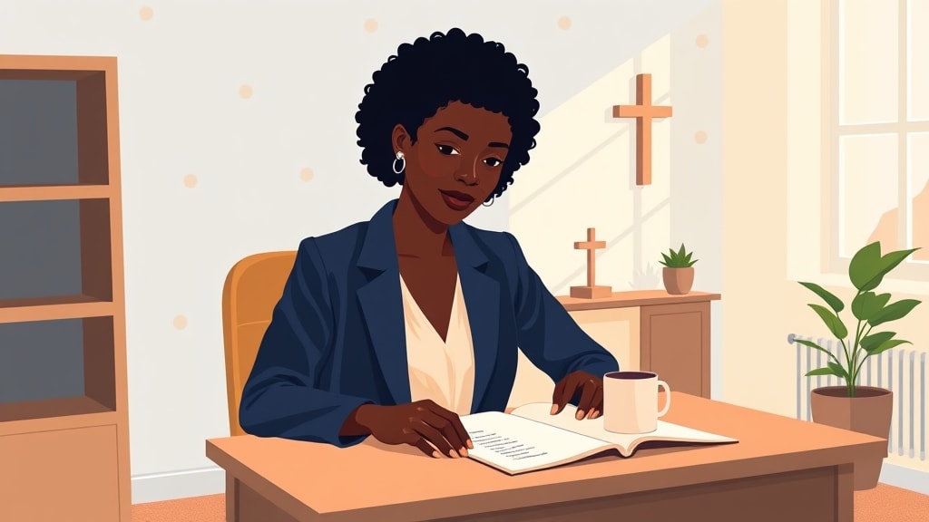 A friendly middle aged Black woman care coordinator sitting calmly at a simple wooden desk in a warm cream walled church office resting one hand on an open paper roster with a short handwritten list of names and a single ceramic mug beside it