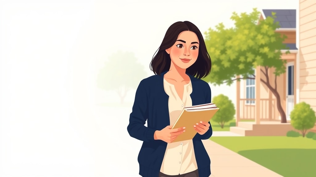 A friendly young Asian American woman deacon walking calmly along a quiet neighborhood sidewalk in soft late afternoon light holding a single closed paper planner at her side beside a small cream colored home with a simple porch