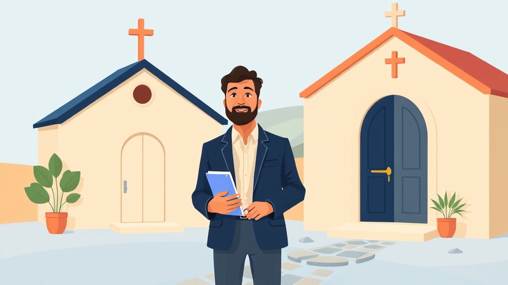 A friendly middle aged Hispanic deacon chair standing calmly on a stone path between two warm cream walled small church buildings looking thoughtfully toward the right