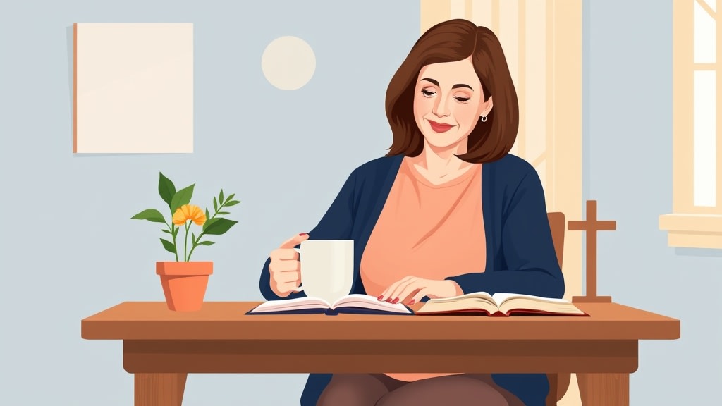 A friendly middle aged white woman care coordinator sitting calmly at a simple wooden desk in a warm church office holding a single ceramic mug and looking thoughtfully at a small open paper notebook
