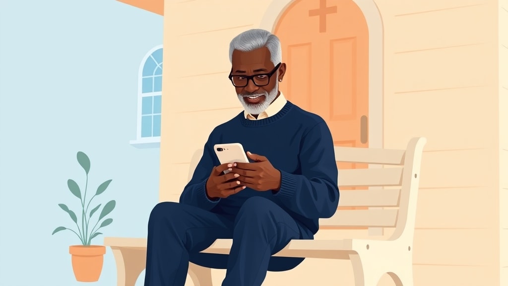 A friendly older African American deacon sitting calmly on a soft cream bench just outside a warm small church building holding a phone in both hands at lap level and looking thoughtfully down at it