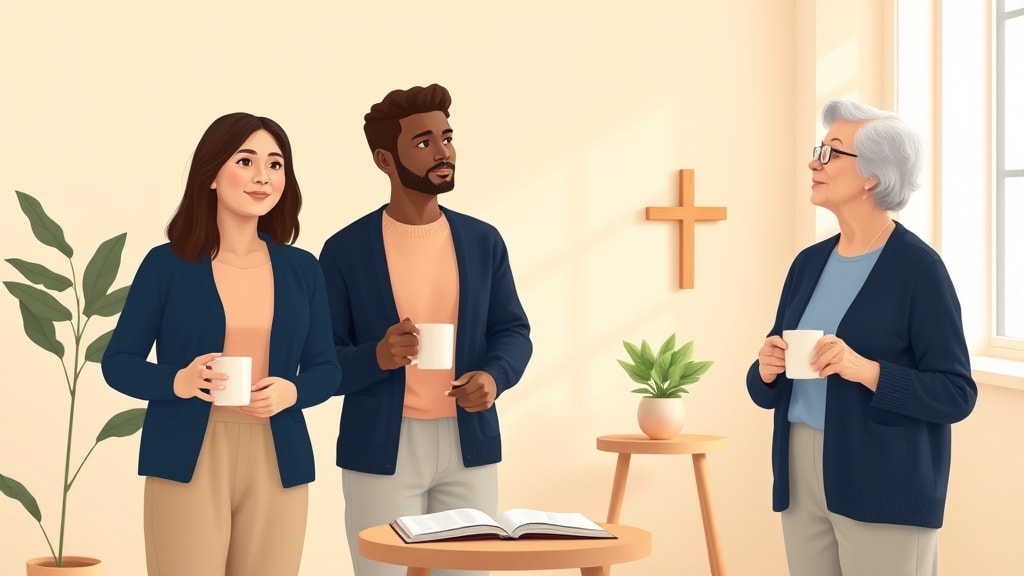 Three diverse small church care team members standing calmly together in a warm fellowship hall holding simple ceramic mugs looking thoughtfully toward one another in quiet conversation
