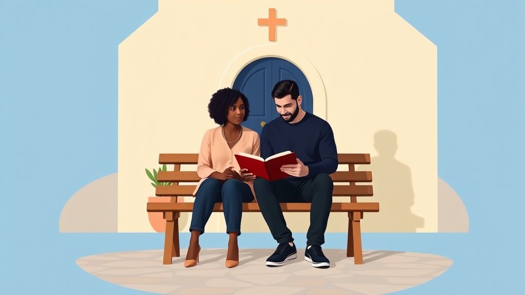 Two friendly small church leaders sitting calmly on a simple wooden bench outside a warm cream walled church looking thoughtfully at a single open notebook resting between them