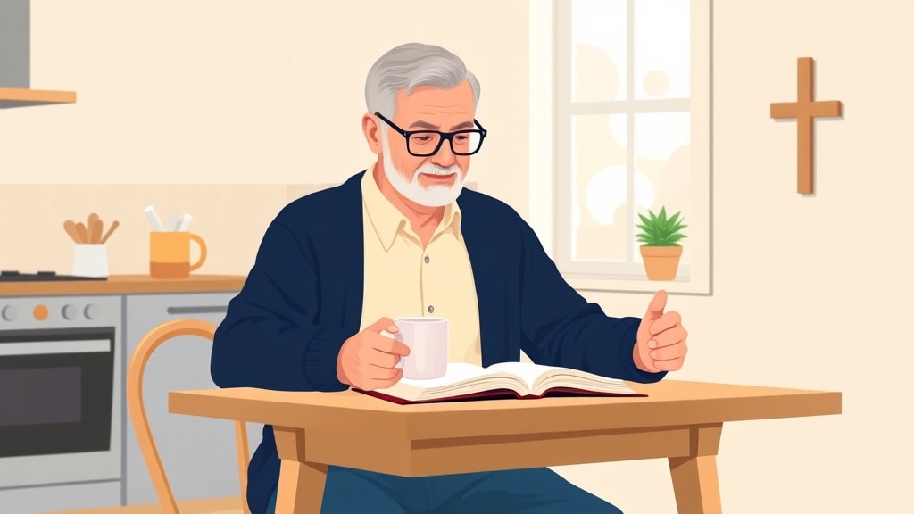 A friendly older white pastor sitting calmly at a simple wooden kitchen table holding a single small ceramic mug and looking calmly at a small open planner book on the table