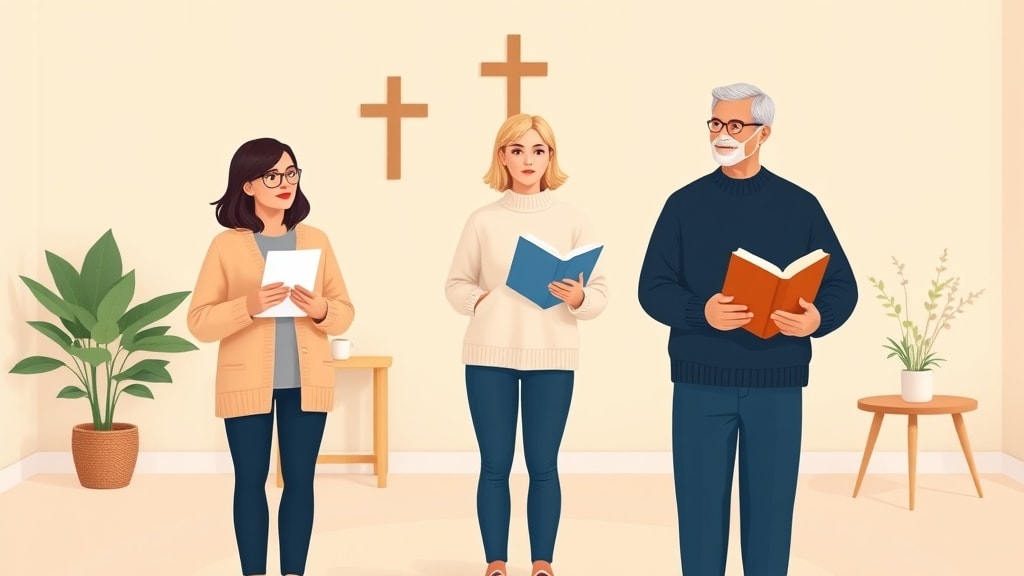 Three diverse small church care team members standing calmly in a warm fellowship room each holding a simple printed page and looking together at one another in conversation