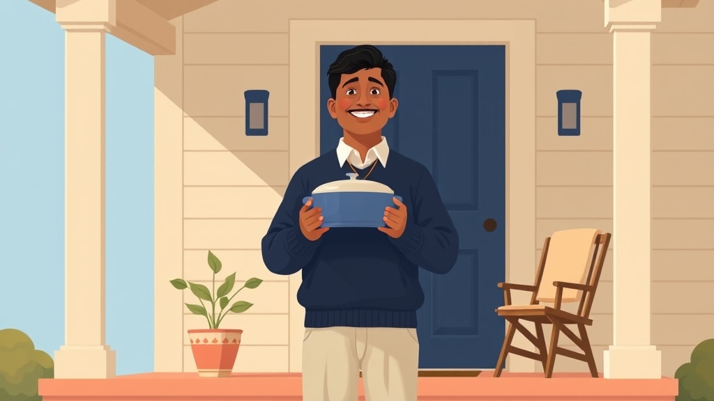 A friendly middle aged Hispanic deacon standing calmly on a warm front porch holding a single covered casserole dish and looking warmly toward an open front door