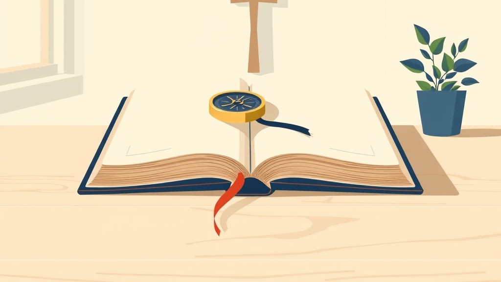 A single open cream planner book with a small navy ribbon bookmark and a simple brass compass resting on top on a plain wooden desk in warm morning window light with a small wooden cross on the cream wall in the background, no people