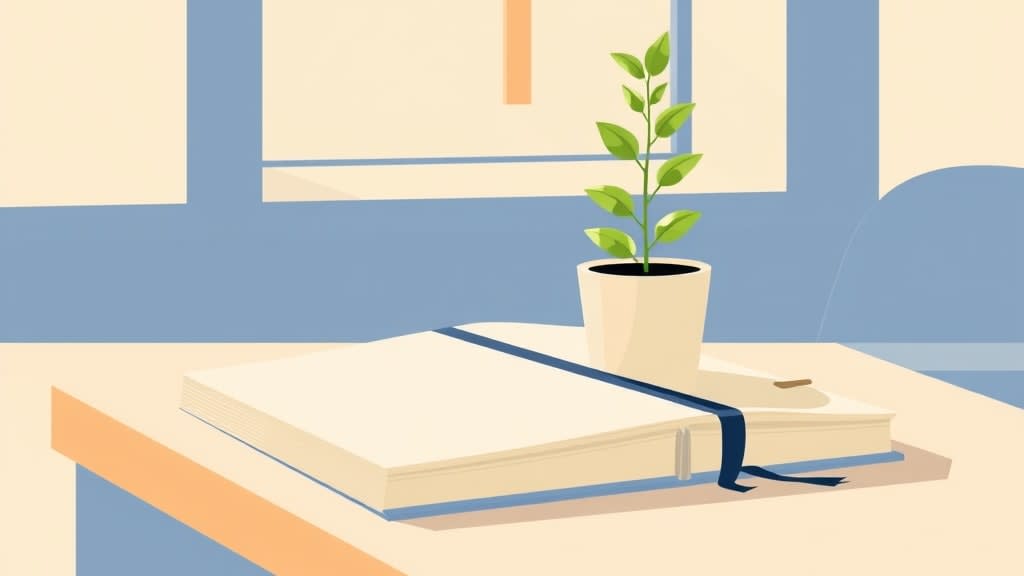 A small young potted green plant sapling in a simple cream ceramic pot resting on a plain wooden church office desk beside a single closed cream planner book with a navy ribbon bookmark in soft afternoon window light with a small wooden cross on the cream wall in the background, no people