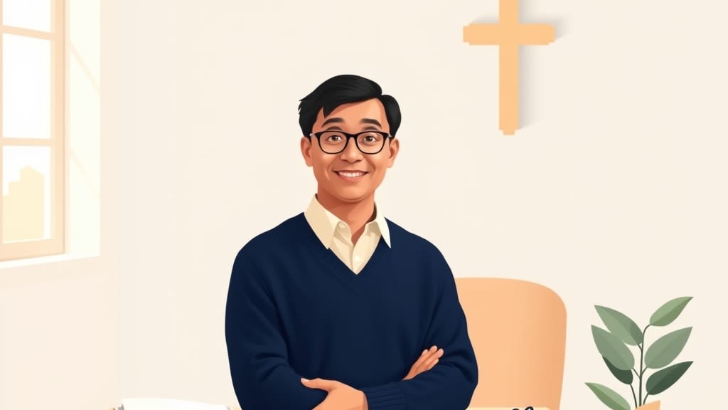 A friendly middle aged South Asian deacon chair with short dark hair and simple round glasses standing warmly beside a plain wooden church office desk in a cream walled room with a small wooden cross on the wall, both hands resting gently at his sides
