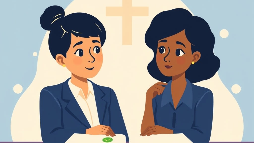 Two friendly small church care team members standing calmly outside a warm cream walled church building looking thoughtfully at a single open notebook resting between them