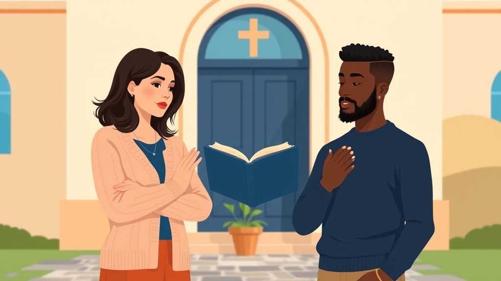 Two friendly small church care team members standing calmly outside a warm cream walled church building looking thoughtfully at a single open notebook resting between them