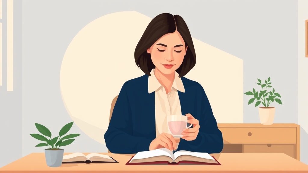 A friendly middle aged Asian woman care coordinator sitting at a simple wooden desk in a quiet church office holding a single small ceramic mug and looking calmly at a small open planner book on the desk