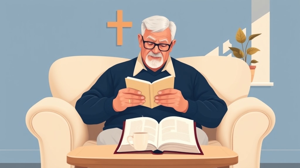 A friendly older white deacon chair sitting calmly on a soft cream sofa in a warm fellowship room holding one simple printed page and looking thoughtfully at it