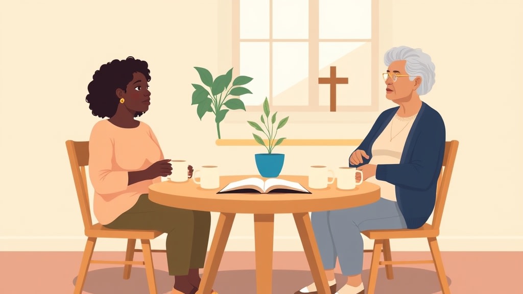 Three diverse small church care team members sitting calmly around a simple round wooden table in a warm fellowship hall each holding a simple ceramic mug looking together at one another in conversation