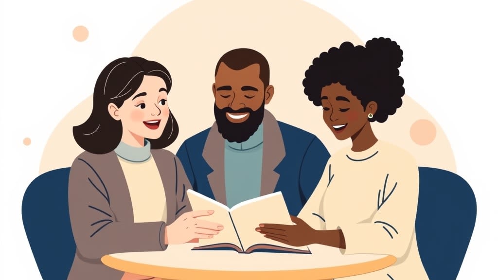 Three diverse small church care team members sitting calmly around a simple round wooden table in a warm fellowship hall looking together at a single printed page resting between them