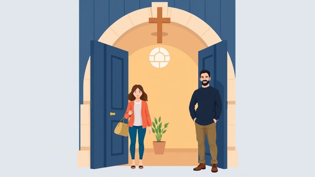 An open blue church door inviting a friendly visitor into a warm fellowship hall where a small diverse care team stands ready to welcome her