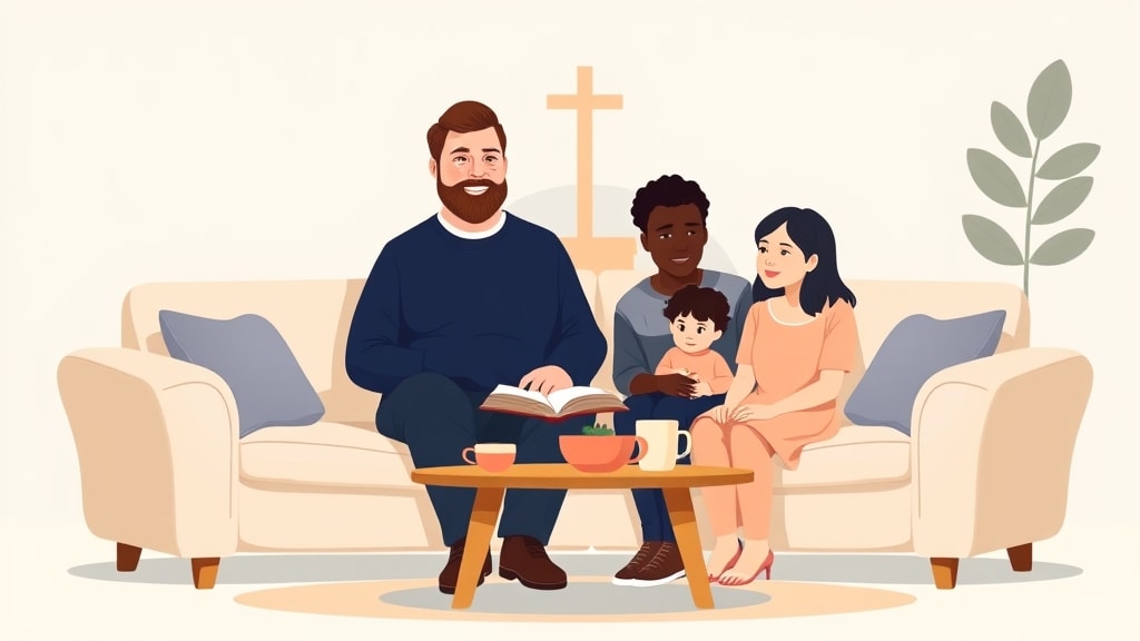 A friendly bearded pastor sitting calmly on a soft cream sofa visiting a young multi ethnic family in a warm living room with a Bible and ceramic mug on the table
