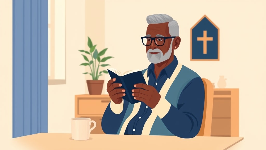 A friendly older African American deacon chair sitting at a simple wooden desk in a quiet church office holding a single small notebook and looking thoughtfully at it