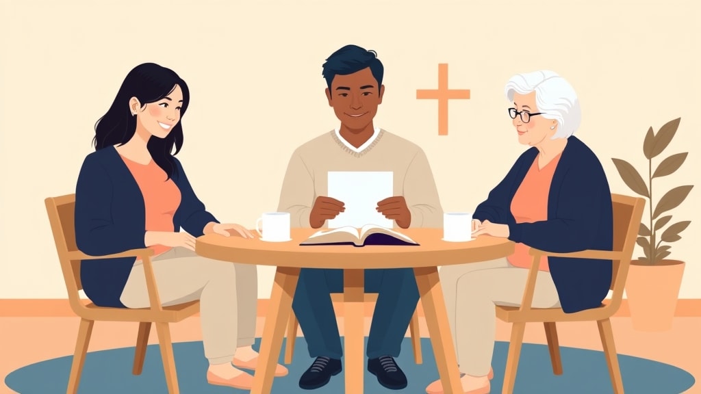 Three diverse small church care team members sitting calmly around a simple round wooden table in a warm fellowship hall looking together at a single printed page resting between them