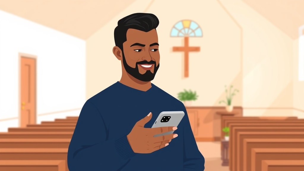 A friendly middle-aged Hispanic pastor standing calmly in a small white country church sanctuary holding a single smartphone in one hand at chest height looking down at it with a kind focused expression