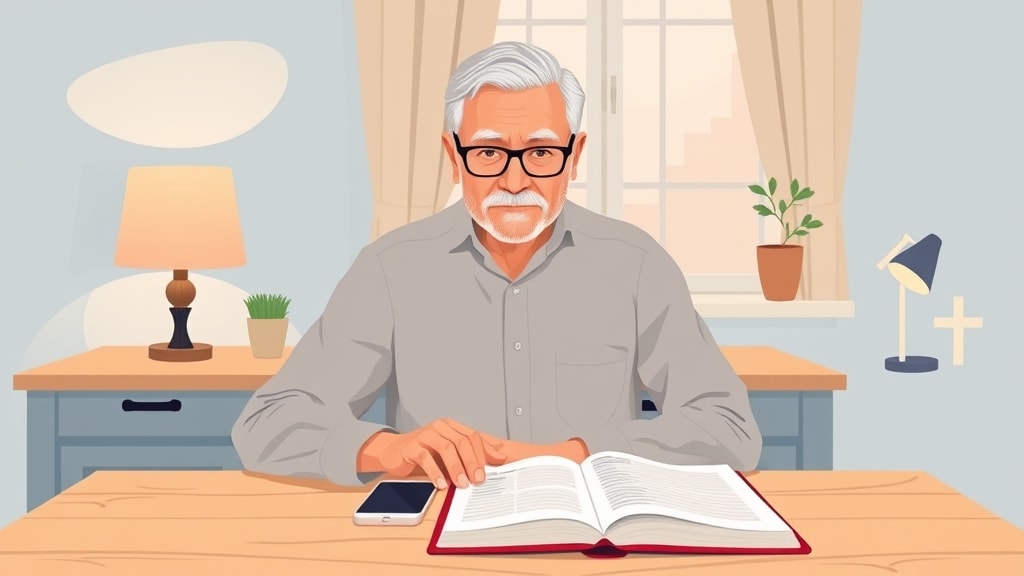 A friendly older white deacon sitting calmly at a simple wooden kitchen table at home with hands resting on the table beside a single smartphone face down and an open bound notebook with handwritten names
