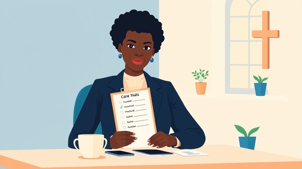 A friendly middle-aged African American woman care team chair sitting calmly at a simple wooden desk in a quiet cream-walled church office holding a single simple wooden clipboard with a printed list of household names with small handwritten green check marks beside several names