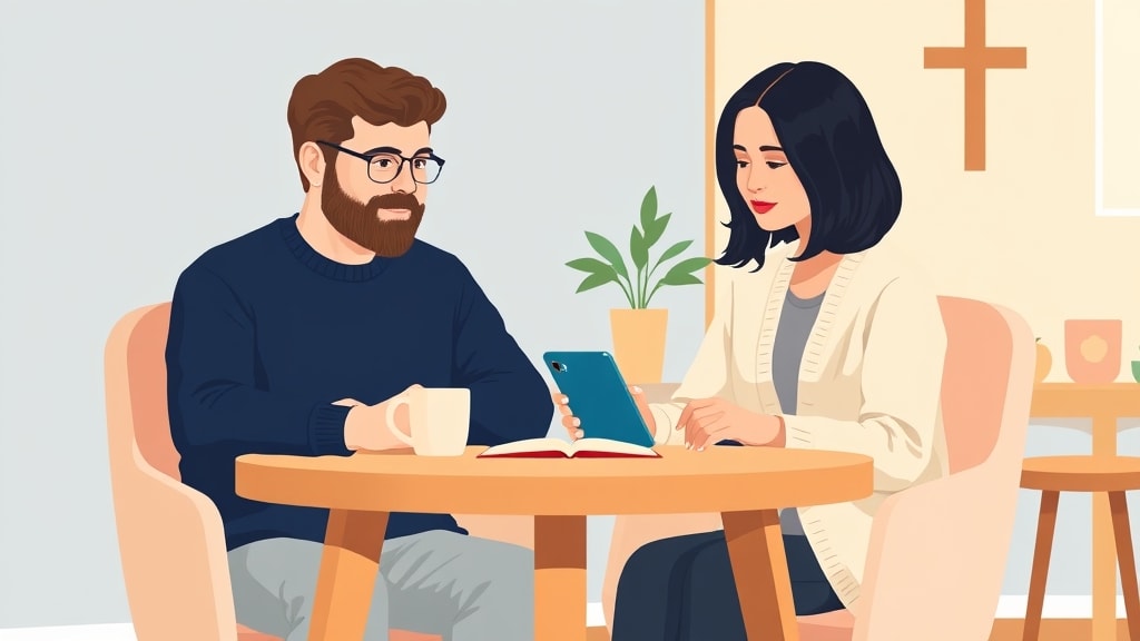 A friendly bearded middle-aged white pastor sitting calmly at a simple round wooden table in a warm cream-walled church office beside a friendly middle-aged Asian woman care chair both looking together at a single smartphone resting flat on the table between them