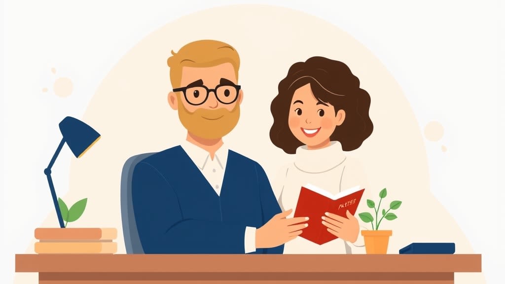 A friendly bearded middle-aged white pastor sitting calmly at a simple round wooden table in a warm cream-walled church office beside a friendly middle-aged Asian woman care chair both looking together at a single smartphone resting flat on the table between them