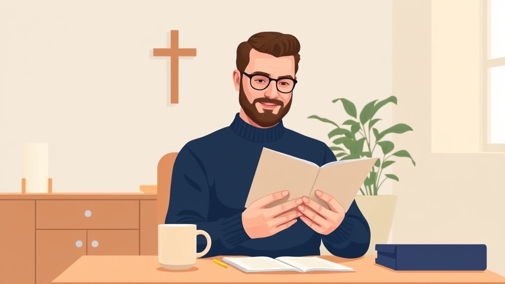 A friendly middle-aged white pastor sitting calmly at a simple wooden desk in a warm cream-walled church office, looking thoughtfully at a single printed page with a short comparison list