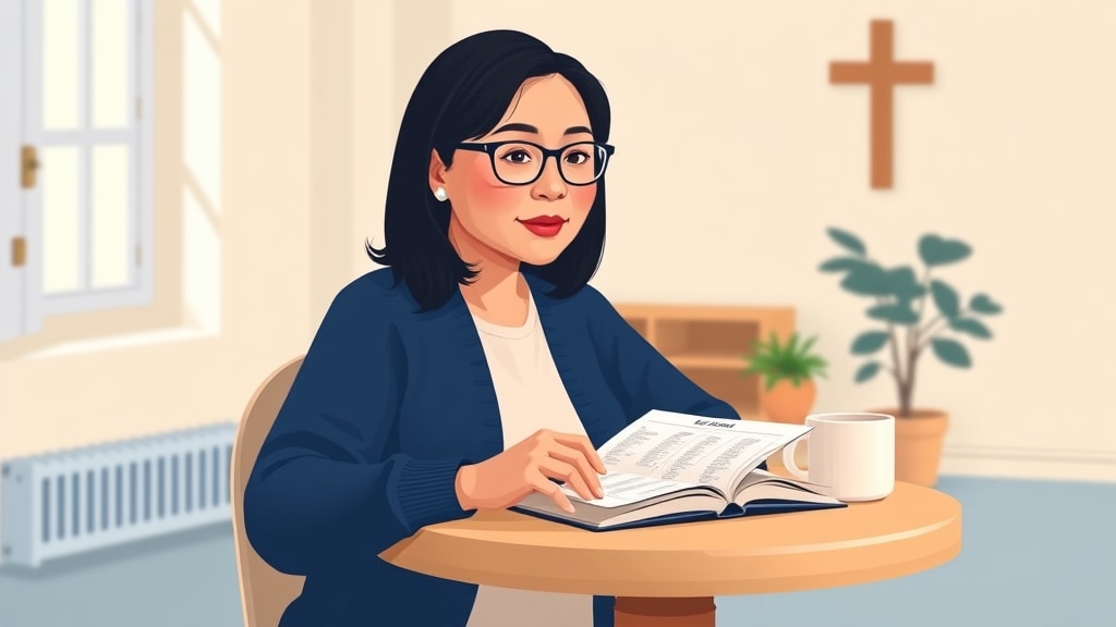 A friendly middle-aged Asian woman church administrator sitting at a simple round wooden table in a quiet cream-walled fellowship hall, hands resting on a small open bound notebook