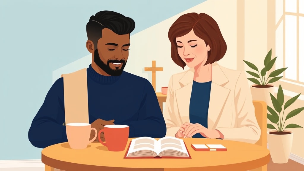 A friendly Hispanic deacon chair and a friendly white woman pastor sitting side by side at a simple round wooden table looking together at a single printed page resting between them in a warm cream-walled church office